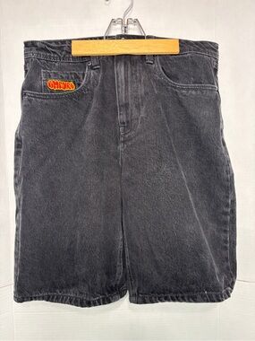 Empyre Men’s Black Washed Denim Shorts Embroidered Patch Baggy Wide Leg Summer